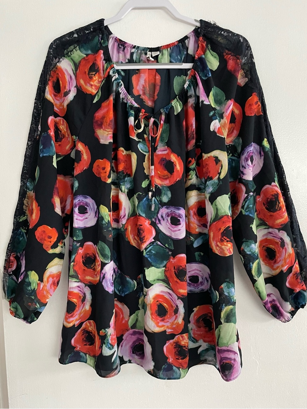 Cato Black Blouse with Red, Purple & Green Floral Print